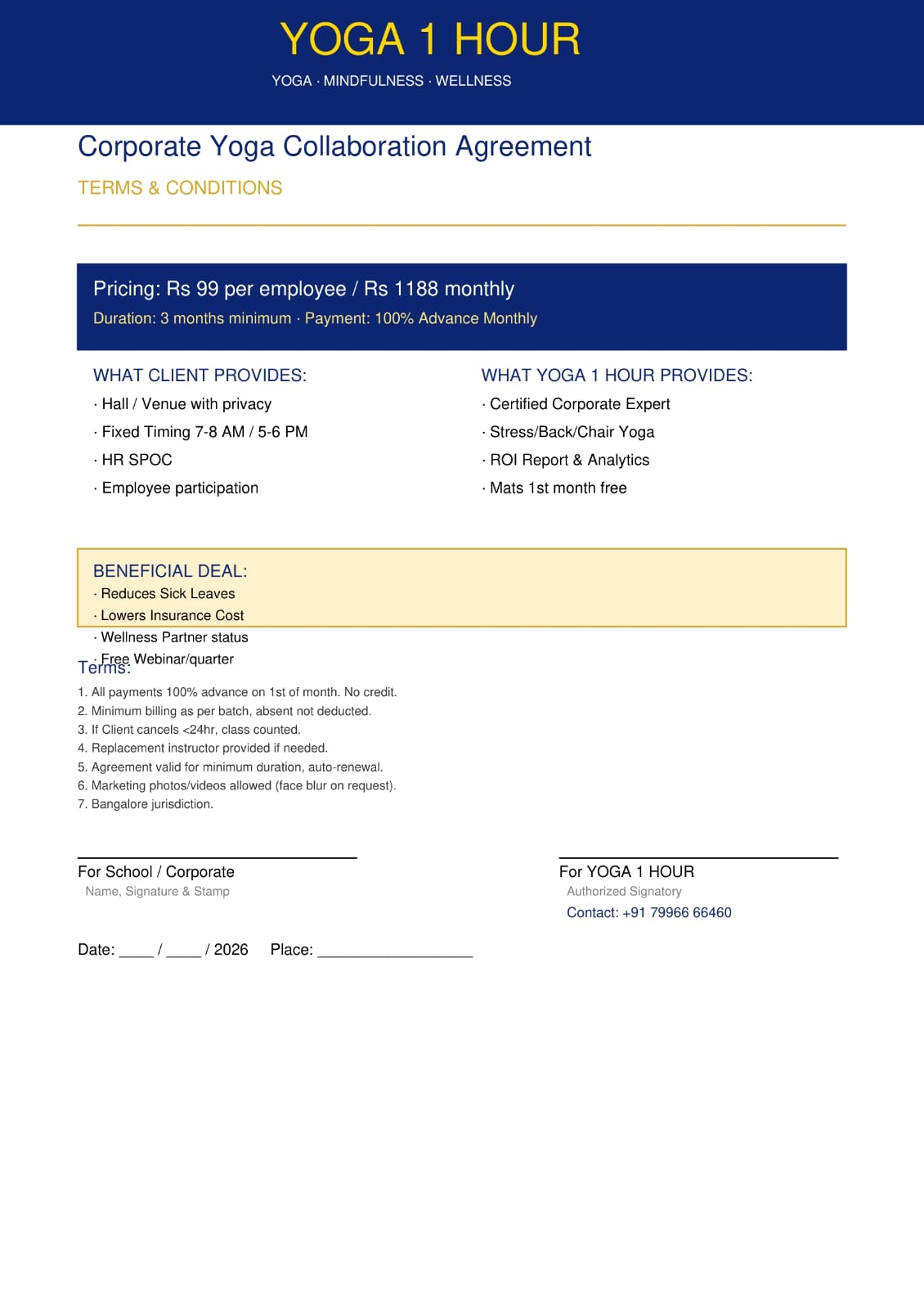 Corporate Yoga agreement terms and conditions